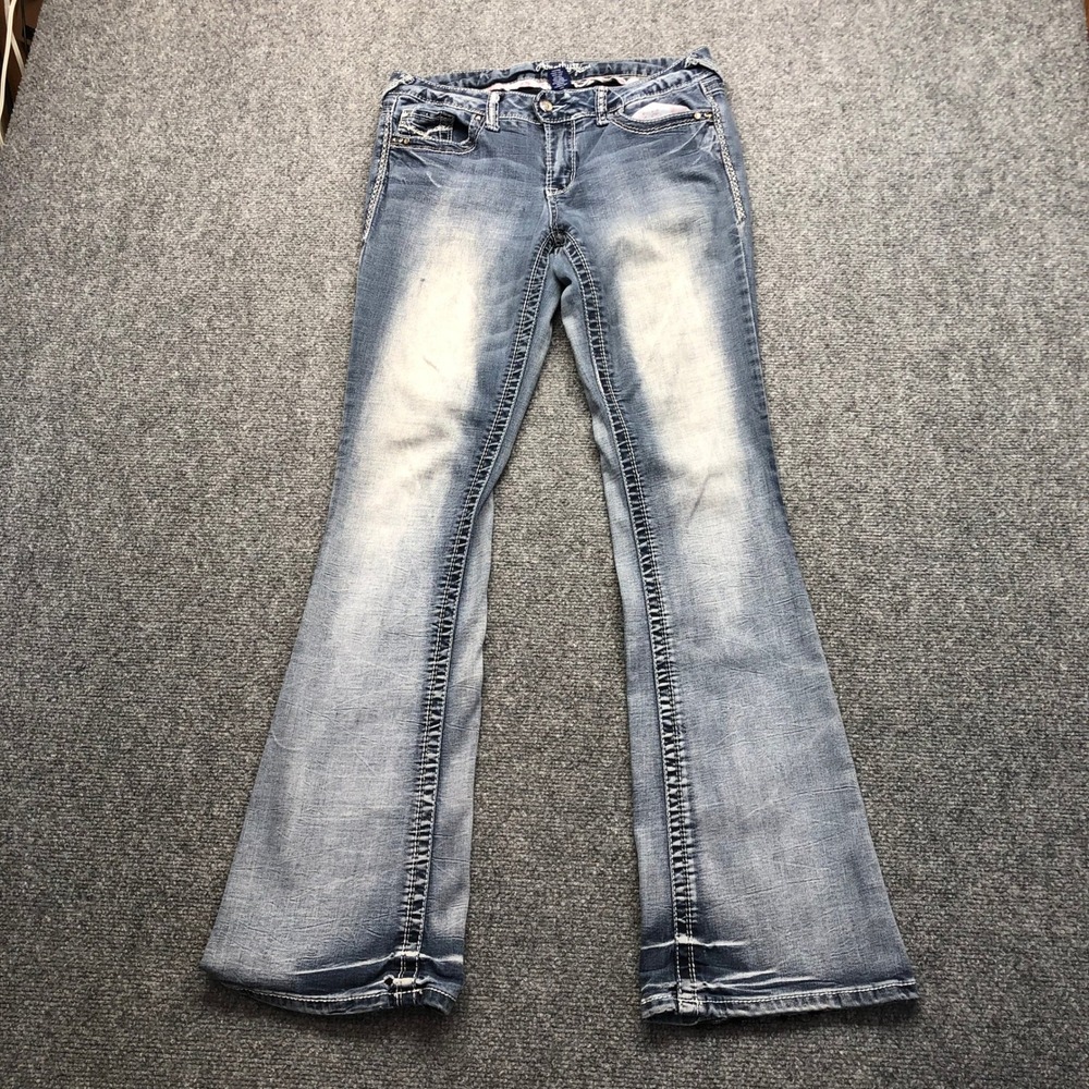 Amethyst Jeans womans Blue Flare Leg Thick Stitch Rhinestone Denim Pants
